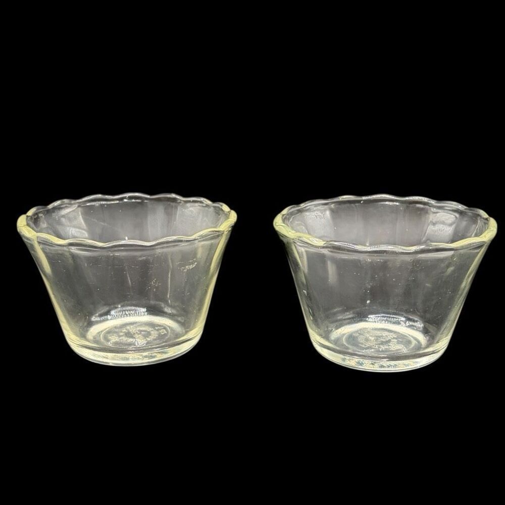 Vintage Fire-King Clear Glass Custard Cups Scalloped Rim Set of 2 5oz #422 Ancho